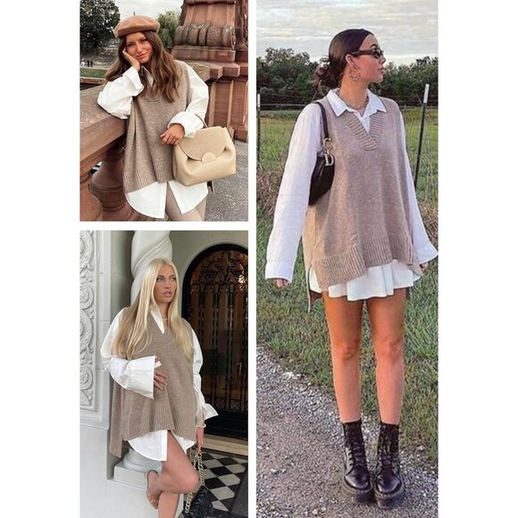 Women Camel Sweater Vest Sleeveless V Neck Oversized Knitted Pullover Fall - Picture 2 of 5